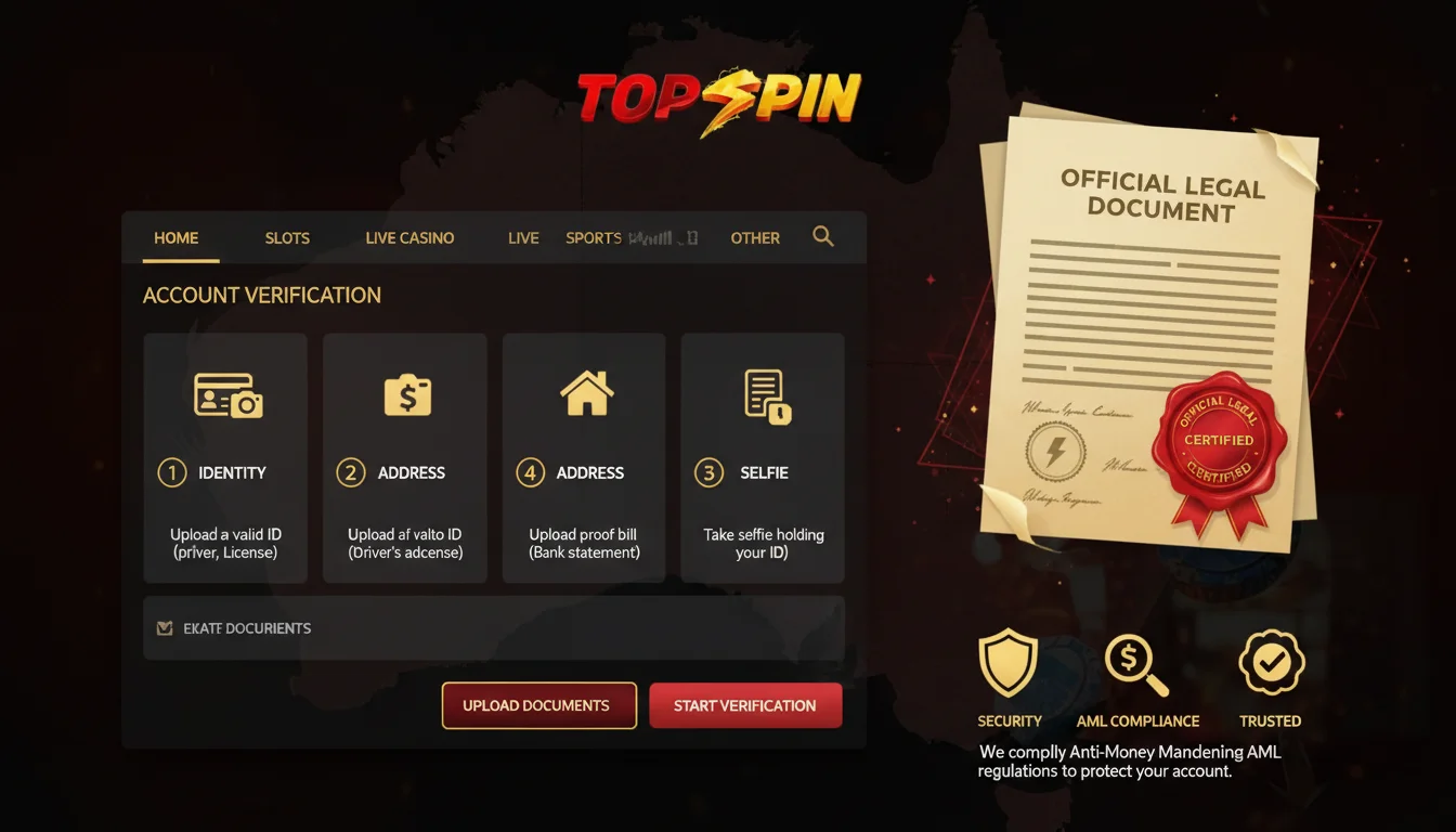 A set of official compliance documents and identity verification icons overlaying a sleek casino lobby interface.